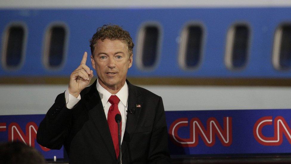 Republican presidential candidates Rand Paul (L) and Mike Huckabee (R) participate in the second US GOP Presidential candidates debate at the Ronald Reagan Presidential Library in Simi Valley, California, USA, 16 September 2015.