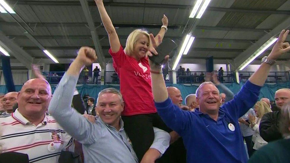 Vote Leave campaigners celebrating in Sunderland on 24 June, 2016, after the EU referendum