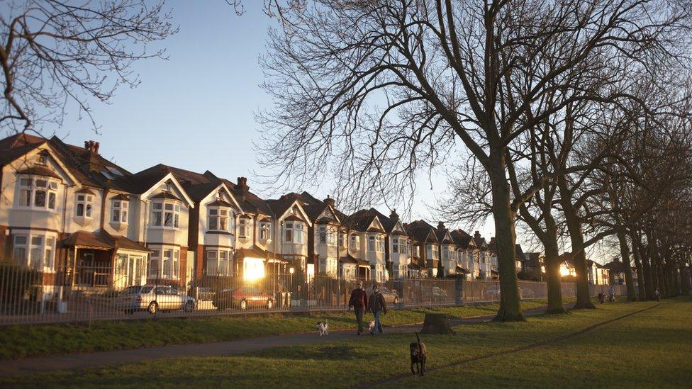 Row of houses by a park