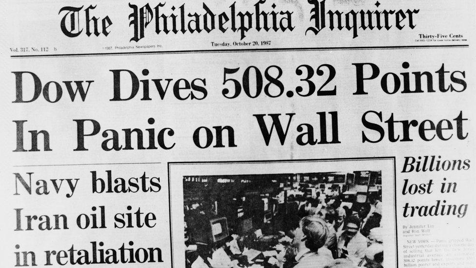 Front page of Philadelphia Inquirer reporting 1987 stock market crash