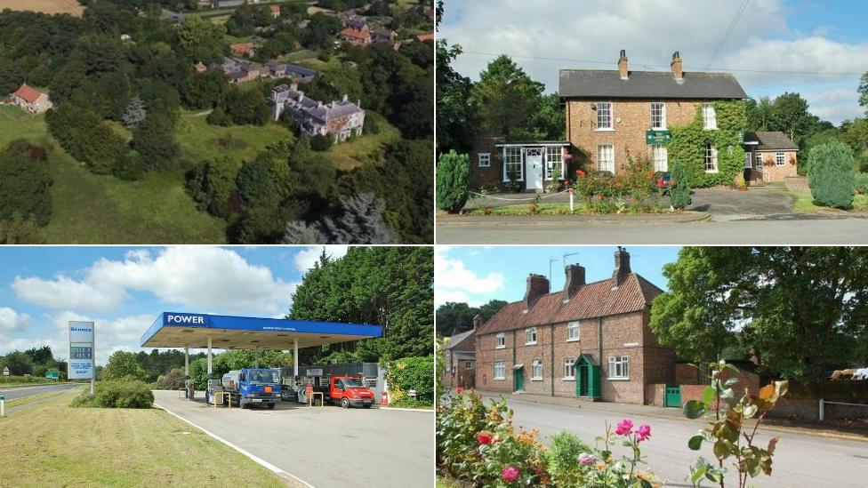 West Heslerton Hall, the Dawnay Arms, petrol station and houses
