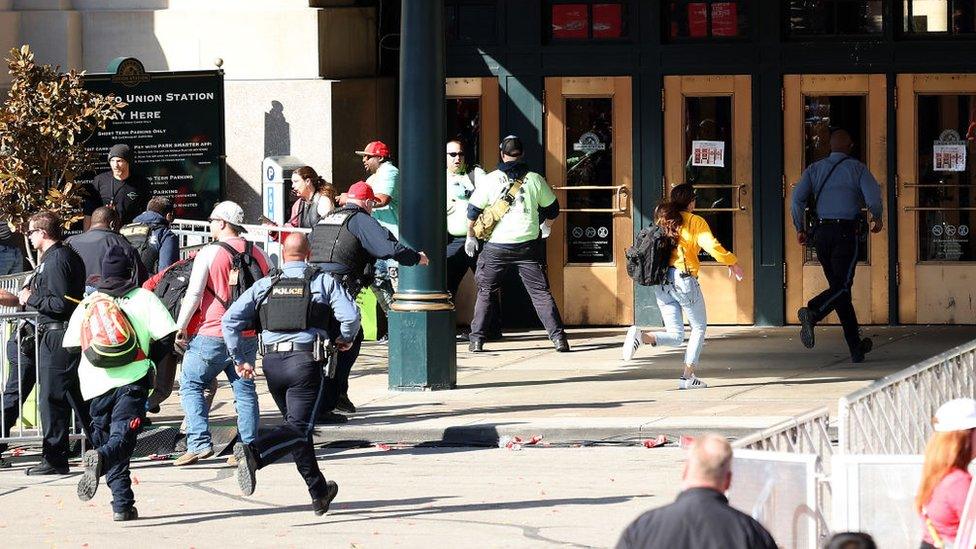 Law enforcement responds to a shooting at Union Station during the Kansas City Chiefs Super Bowl LVIII victory parade on February 14, 2024 in Kansas City, Missouri