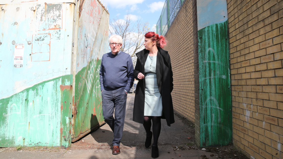 Louise Haigh and community worker Jackie Redpath