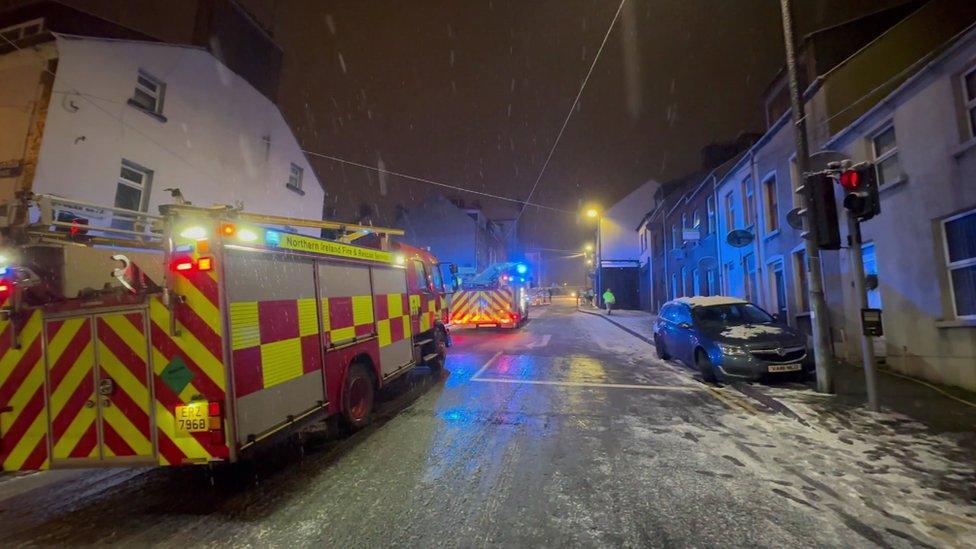 Fire engine at scene of collision on Creggan Road