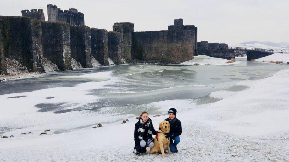 A frozen moat around Caerphilly Castle