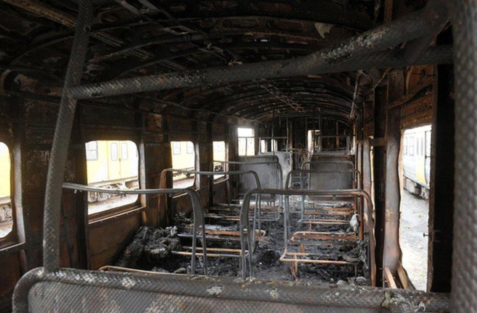 The inside of a burnt-out carriage