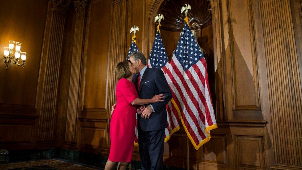 House Speaker Nancy Pelosi kisses her husband, Paul Pelosi, on Capitol Hill on January 3, 2019 in Washington, DC. Under the cloud of a partial federal government shutdown, Pelosi reclaimed her former title as speaker and her fellow Democrats took control of the House of Representatives for the second time in eight years.