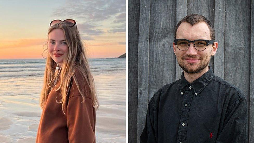 Elle Gorman, a teenager with blonde hair standing on a beach, and George Cooper, a young man standing in front of a grey wooden background.