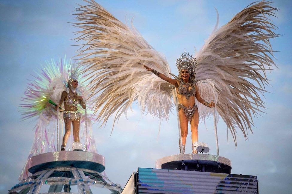 Members of Mocidade Independente de Padre Miguel samba school perform during the second night of Rio"s Carnival parade at the Sambadrome in Rio de Janeiro, Brazil on March 5, 2019