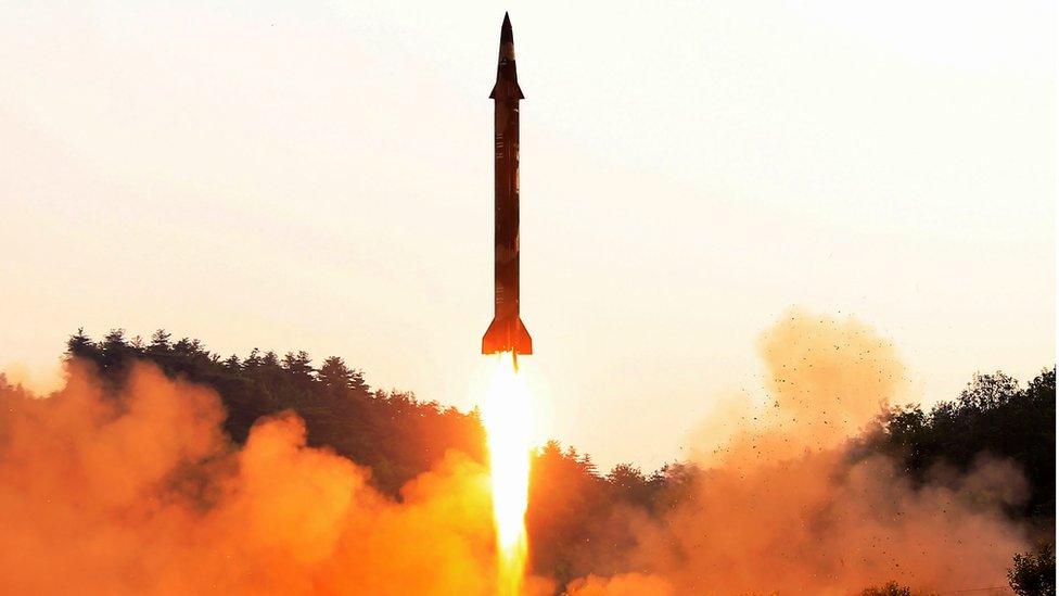 A photo released by North Korea's official Korean Central News Agency in May 2017 shows a test-fire of a ballistic missile