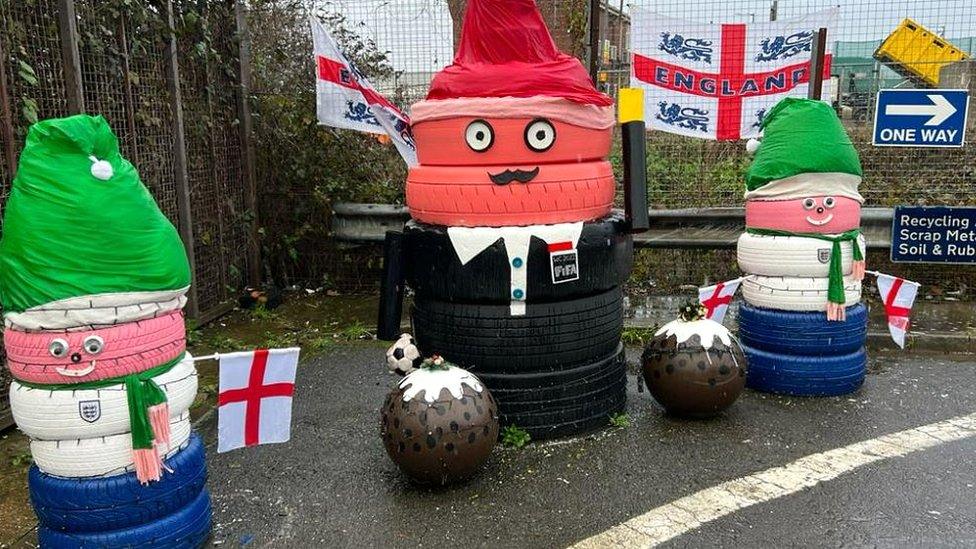 Elves and Santa made from tyres