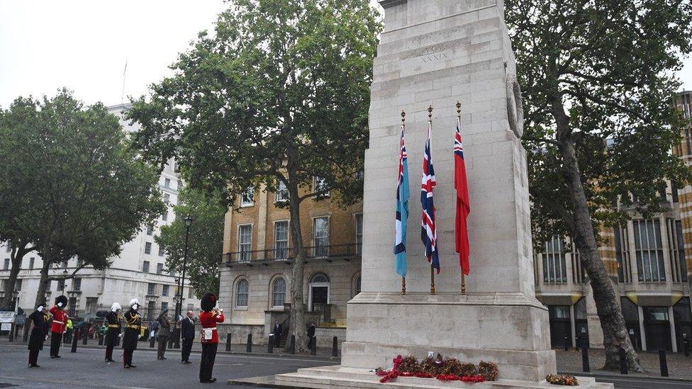 Wreaths around the Cenotaph on 15 August 2020