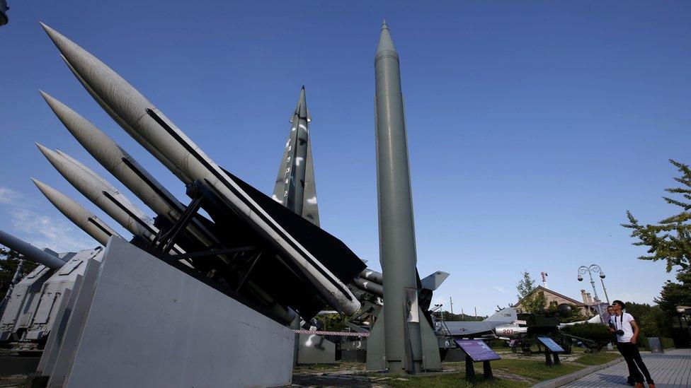 Visitor views a North Korean Scud-B missile (C) at the Korea War Memorial Museum in Seoul, South Korea, 15 September 2015