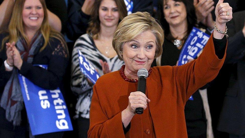 U.S. Democratic presidential candidate Hillary Clinton reacts as she waves to supporters at a campaign rally in Eau Claire, Wisconsin, April 2, 2016.