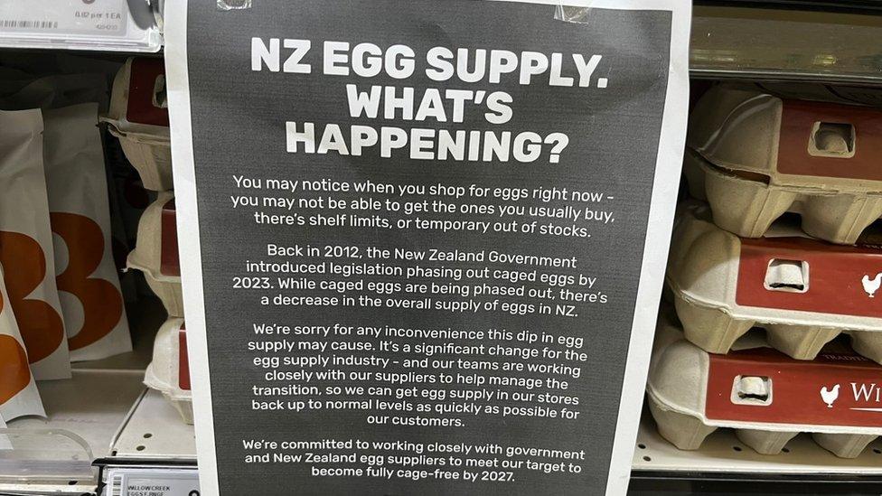 A sign in a New Zealand supermarket explains supply issues regarding eggs