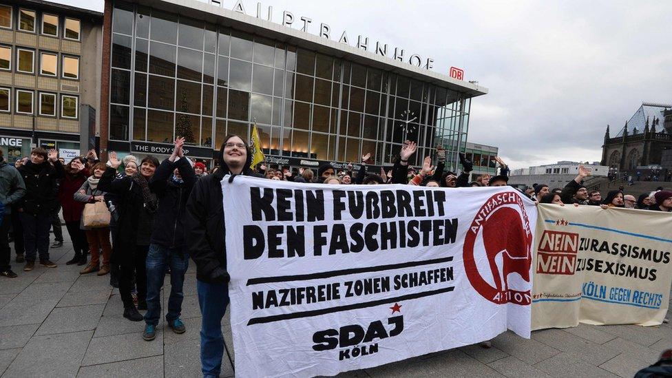 Socialist German Workers Youth (SDAJ) organisation sympathizers demonstrate against the right wing party Pro NRW