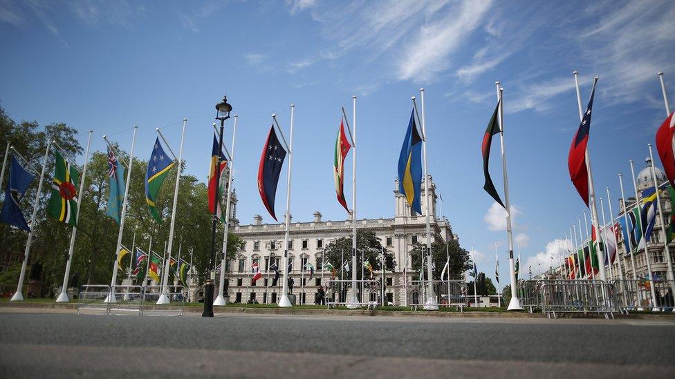 Commonwealth flags flying in London's Parliament Square