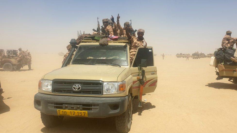 Chadian army members seen during an operation against rebels in Ziguey, Kanem region, Chad - 19 April 2021