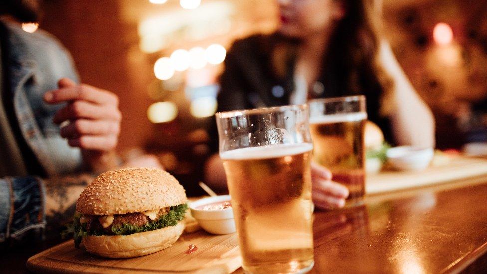 Beer and burger at a restaurant