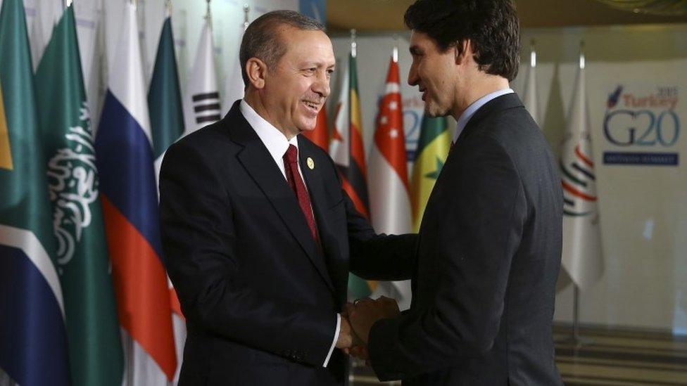 Recep Tayyip Erdogan greets Canadian Prime Minister Justin Trudeau