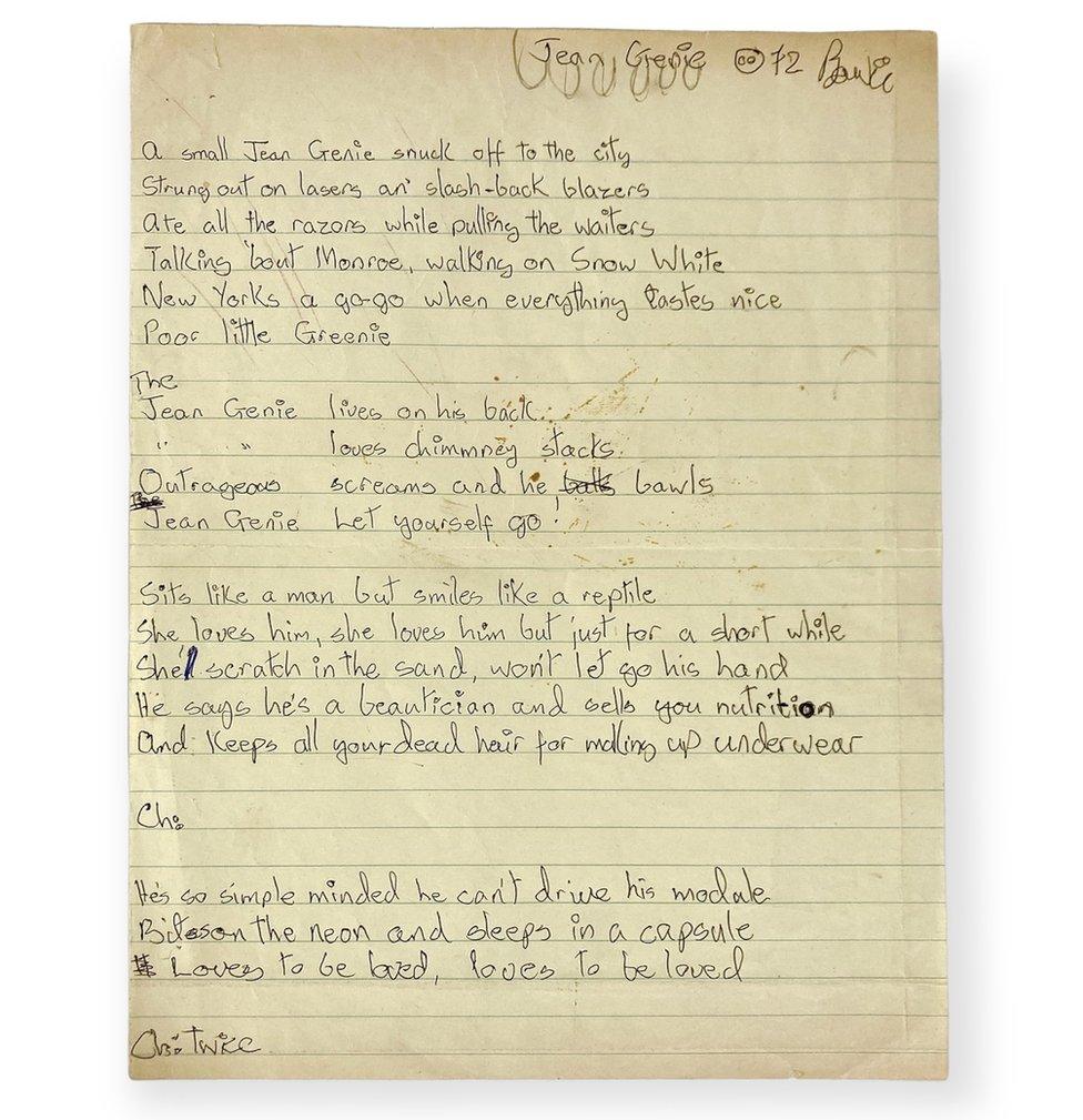 Handwritten lyrics to Jean Genie by David Bowie