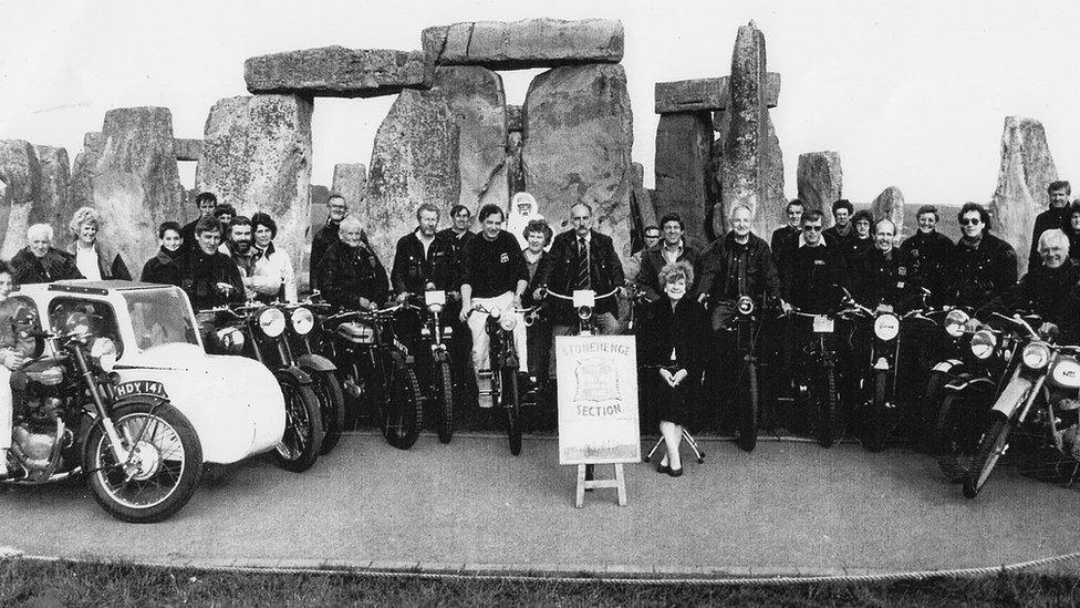 Photo from 1993 of a group of bikers at the monument