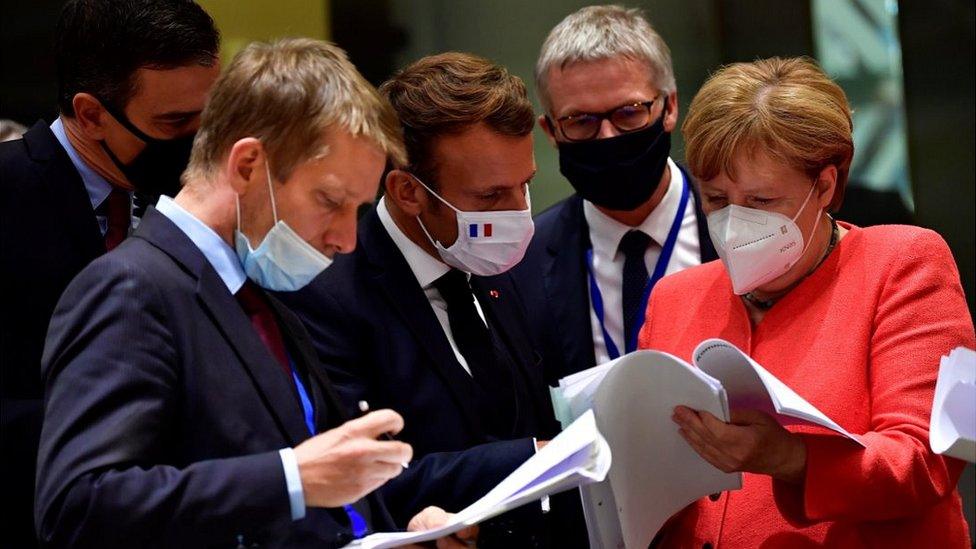 Chancellor Merkel (R) at EU summit in Brussels, 20 Jul 20