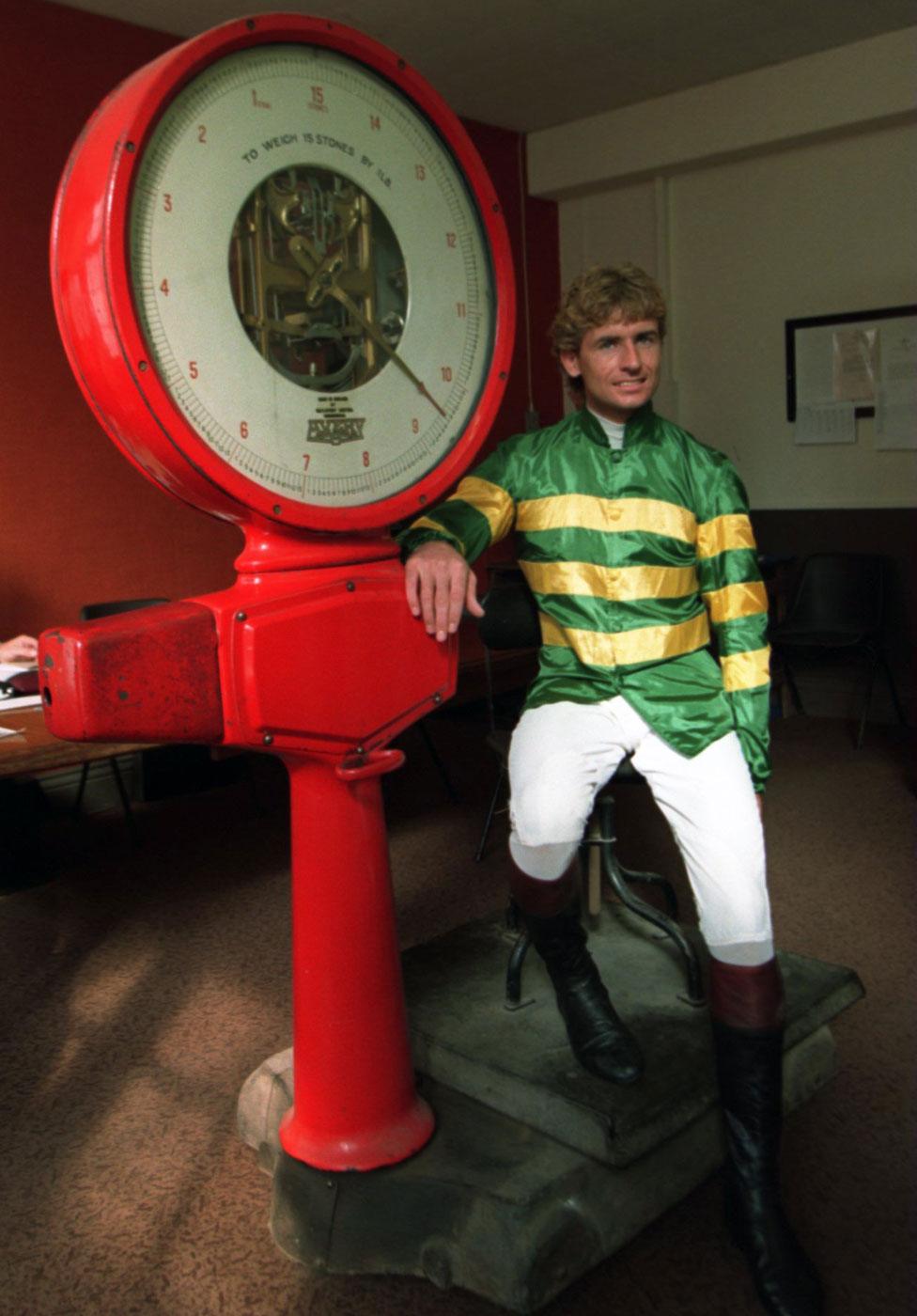 Declan Murphy weighing in before his last race at Chepstow in 1995