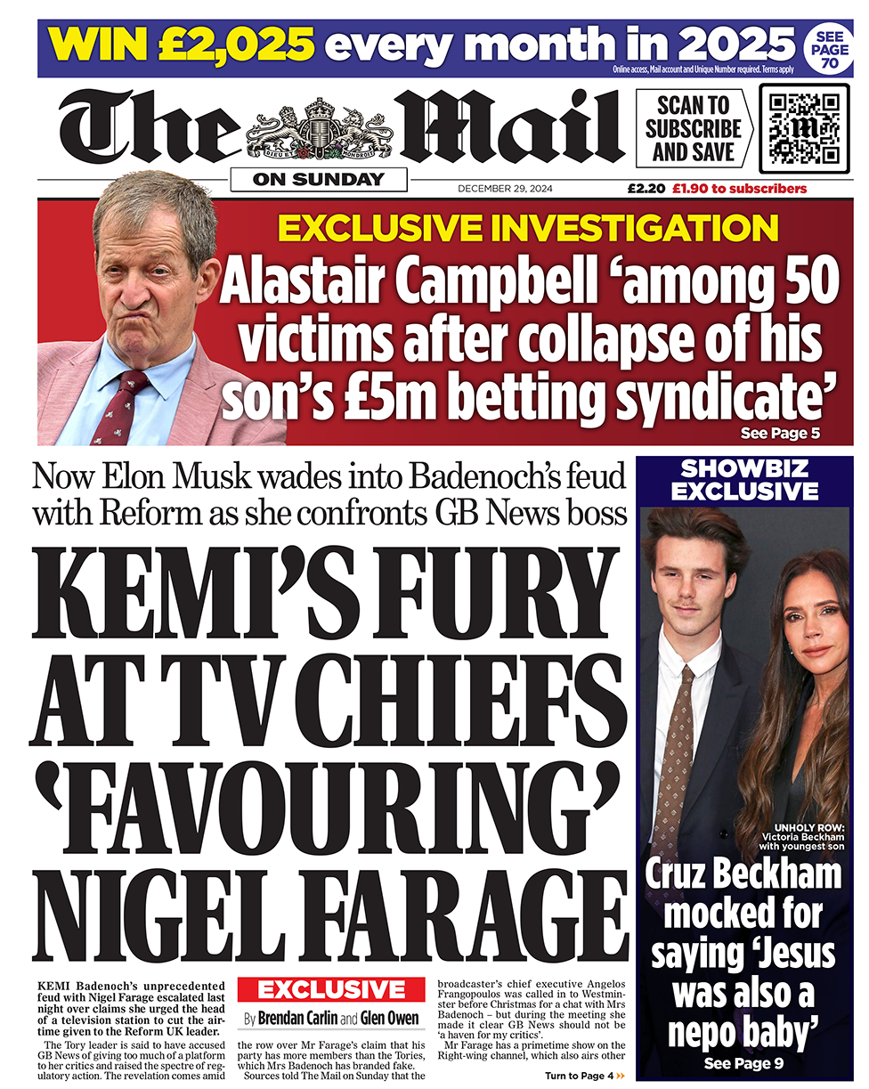 "Kemi's fury at TV chiefs 'favouring' Nigel Farage", reads the Mail on Sunday headline. 