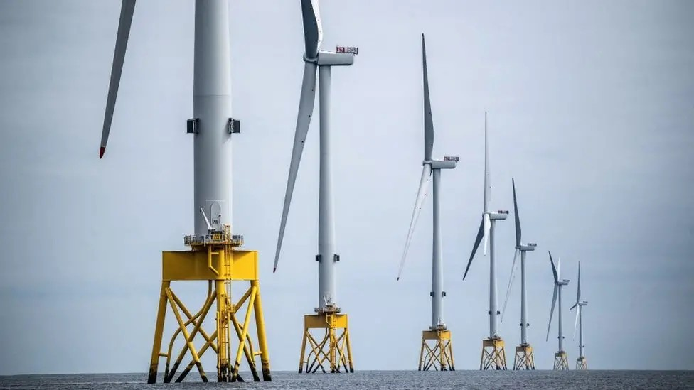 A line of wind turbines mounted on yellow plinths in the sea in an offshore windfarm.