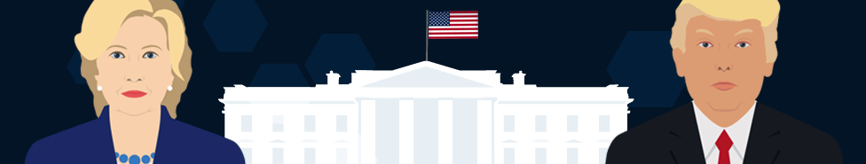 Graphic showing Hillary Clinton and Donald Trump with the White House in the background