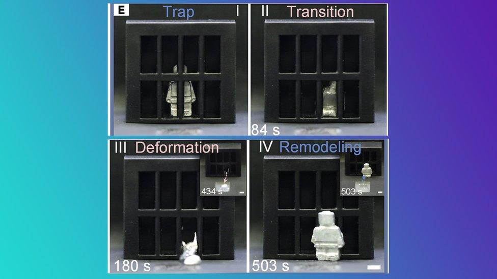 Images of a solid figure melting, escaping a cage and then reforming.