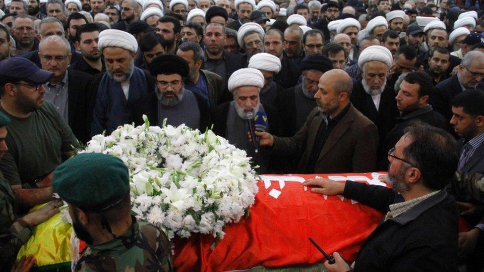 Hezbollah deputy leader Sheikh Naim Qassem (speaking) at the funeral on 12 May