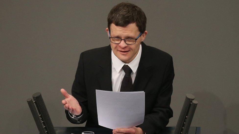 Actor Sebastian Urbanski, who suffers from Down Syndrome, reads a letter by Ernst Putzki