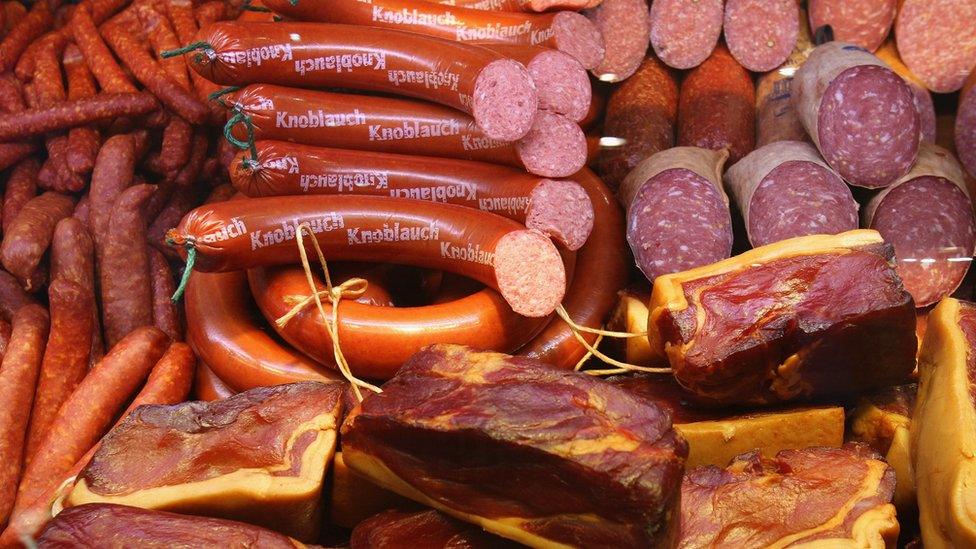 German sausages on display at an agricultural fair in Berlin