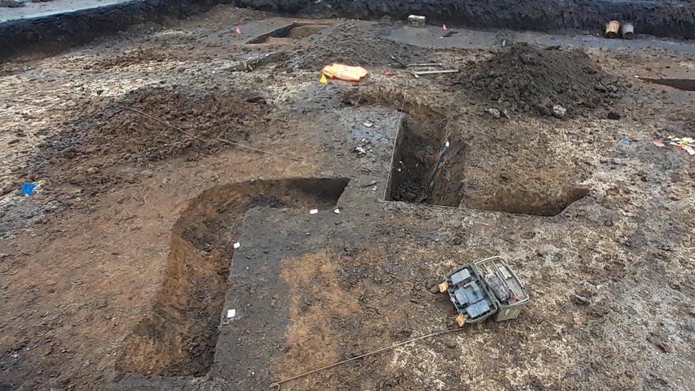 Some of the medieval boundary ditches found and excavated by the team, just to the south of the 12th Century church