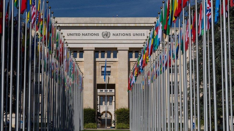 The Alley of the Flags at the United Nations European headquarters is seen during the Human Rights Council in Geneva, Switzerland, September 11, 2023