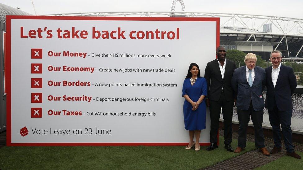 Priti Patel, Boris Johnson, Michael Gove and footballer Sol Campbell with a Vote Leave poster in 2016