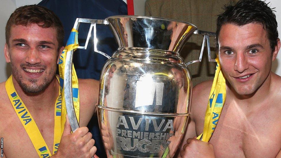 Christian Day and Phil Dowson hold the Premiership trophy after Northampton's win in 2014