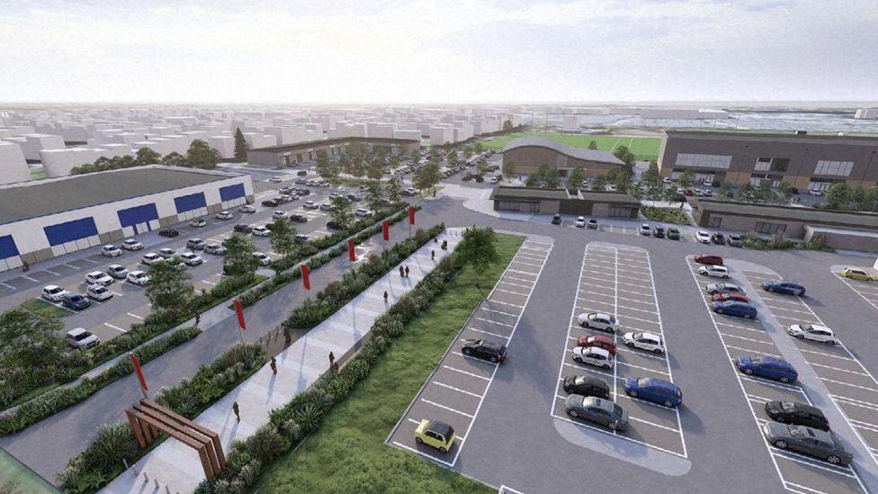 Artist impression of the retail park with a car park in the foreground and the fanwalk path in the middle. There are rows of parking bays with cars parked in them on grey tarmac. Green bushes line pedestrian walkways and there are large buildings around the side with a rugby pitch in the distance.