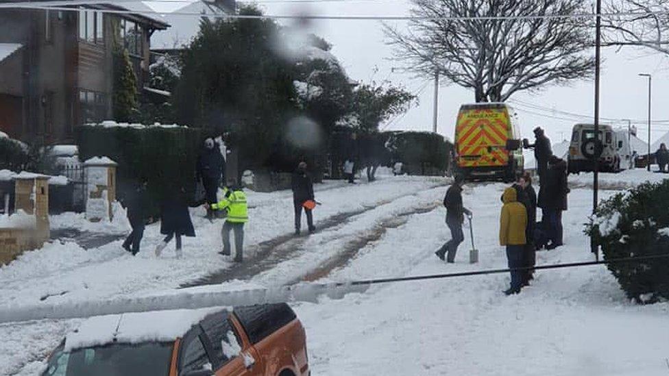 Ambulance stuck in snow in Fairfield, Buxton