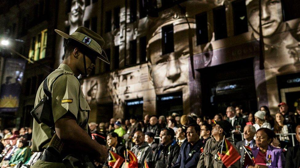 A sentry stands at last year's Anzac Day dawn service in Sydney