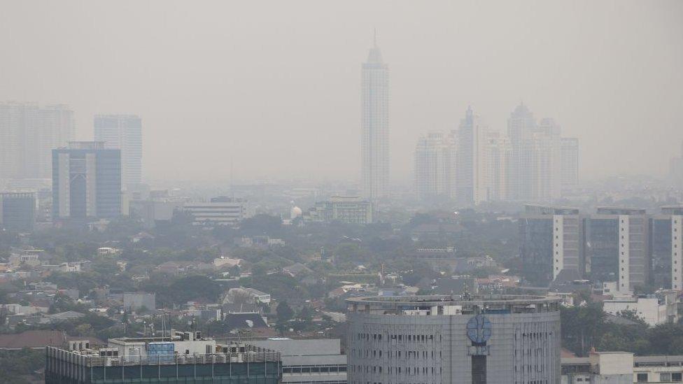 A general view of the Indonesian capital city of Jakarta as the smog covers the city on July 9, 2019