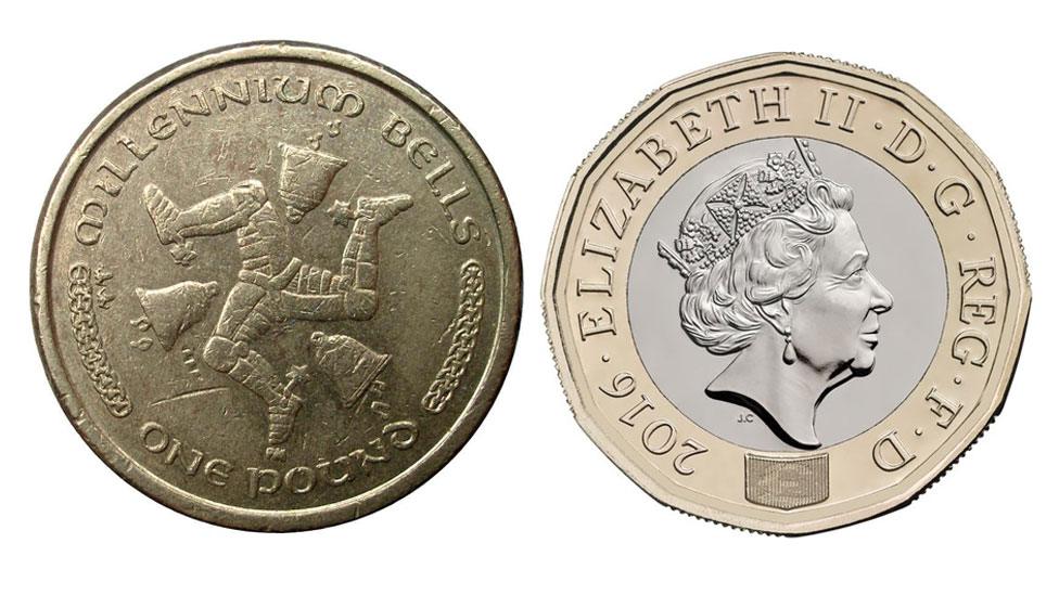 Isle of Man £1 coin (left) UK £1 coin (right)