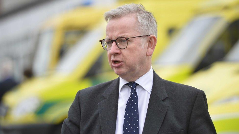 Minister for the Cabinet Office and Chancellor of the Duchy of Lancaster, Michael Gove, addresses the media during a visit to the Northern Ireland Ambulance head quarters in Belfast.