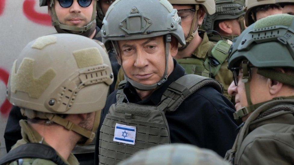 Benjamin Netanyahu visiting Israeli troops in Gaza