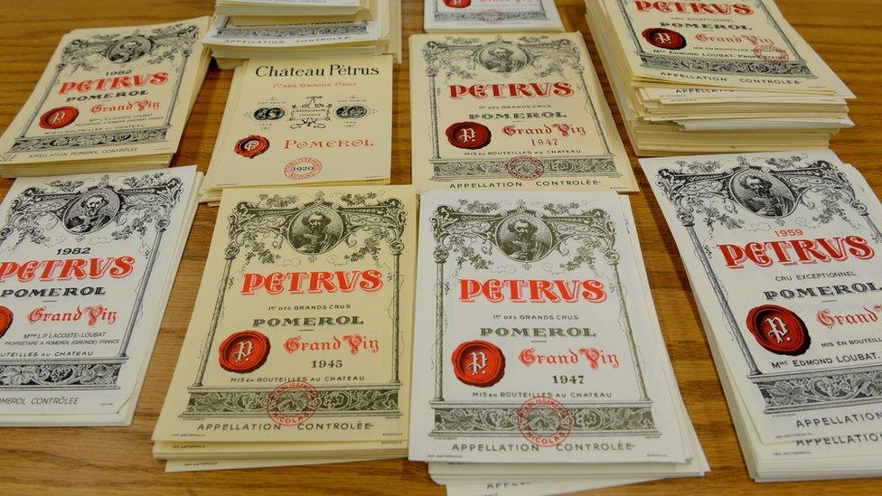 Fake labels of Petrus, a very expensive red Bordeaux