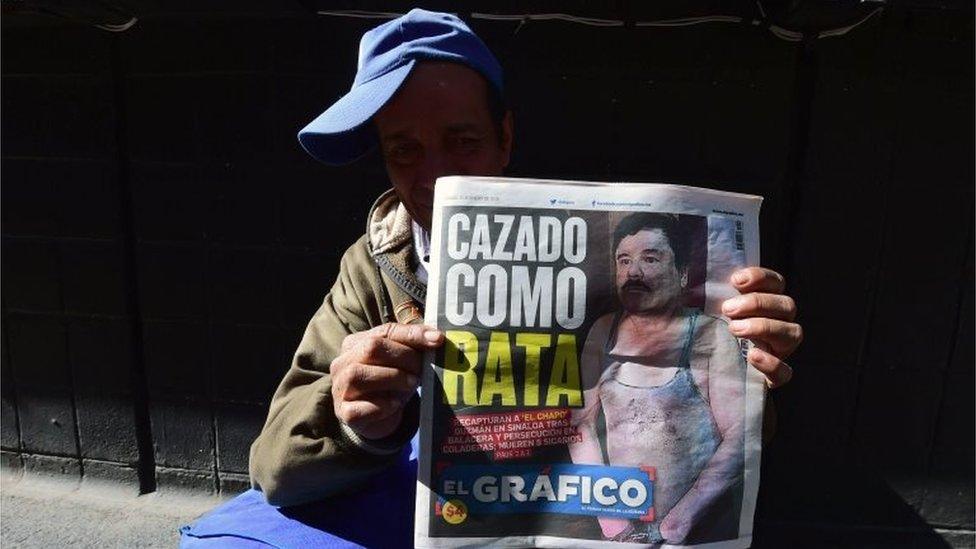 A street vendor shows a newspaper in Mexico City with a picture of drug kingpin Joaquin "El Chapo" Guzman on its front page on 9 January , 2016 a day after he was recaptured during a military operation in Los Mochis, Sinaloa State