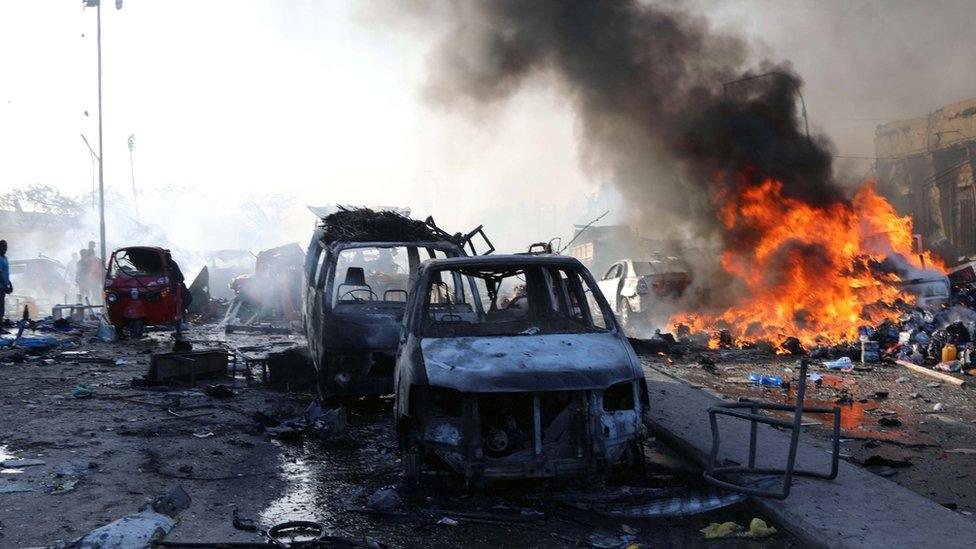 A general view shows the scene of an explosion in KM4 street in the Hodan district of Mogadishu, Somalia October 14, 2017