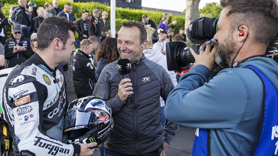 Steve Platter being filmed interviewing Michael Dunlop